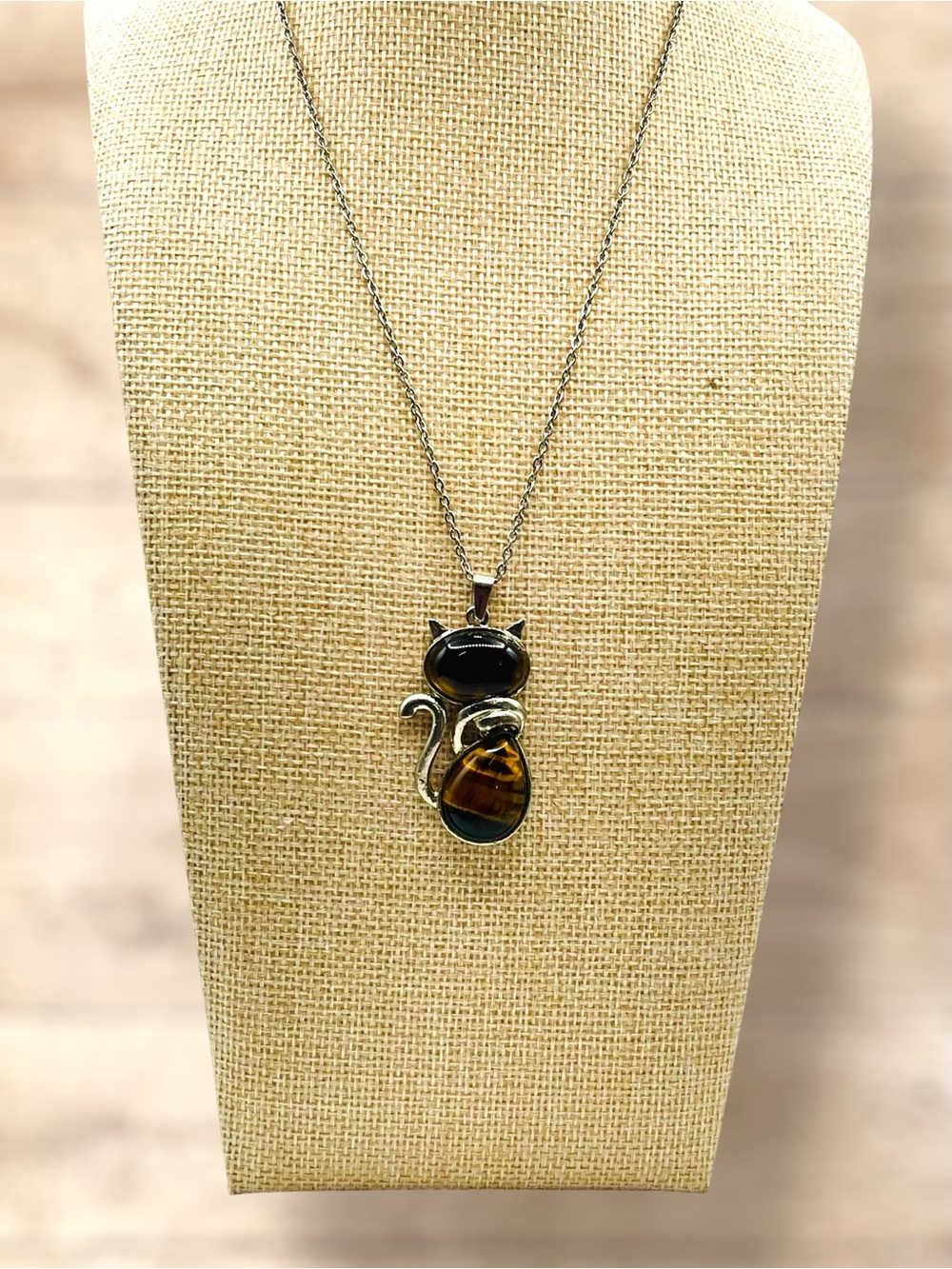 Cute Tiger Eye Natural Stone Cat Kitten Pendant Necklace Silver Tone - Picture 2 of 16